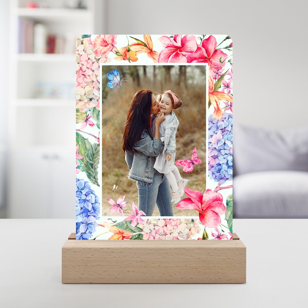 Lampada da comodino a LED personalizzata con una foto - Fiori primaverili