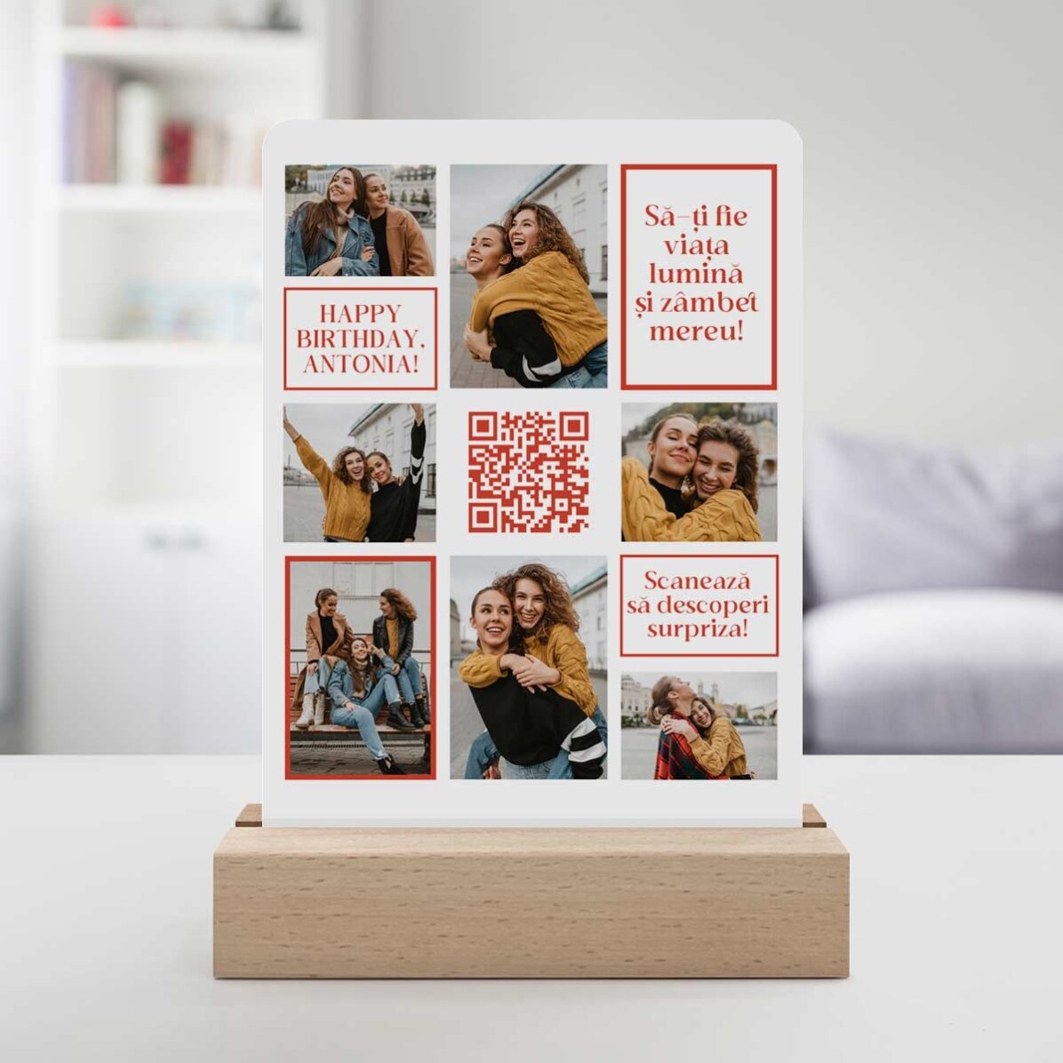 Lampada da comodino a LED personalizzata con 7 foto, messaggio e codice QR - Buon compleanno!