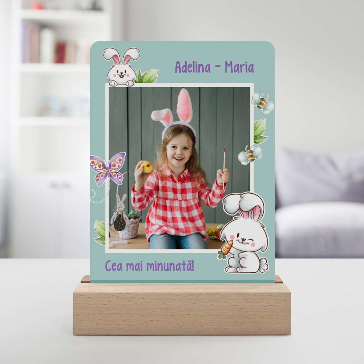 Lampada da comodino a LED personalizzata con foto e testo - Coniglietto