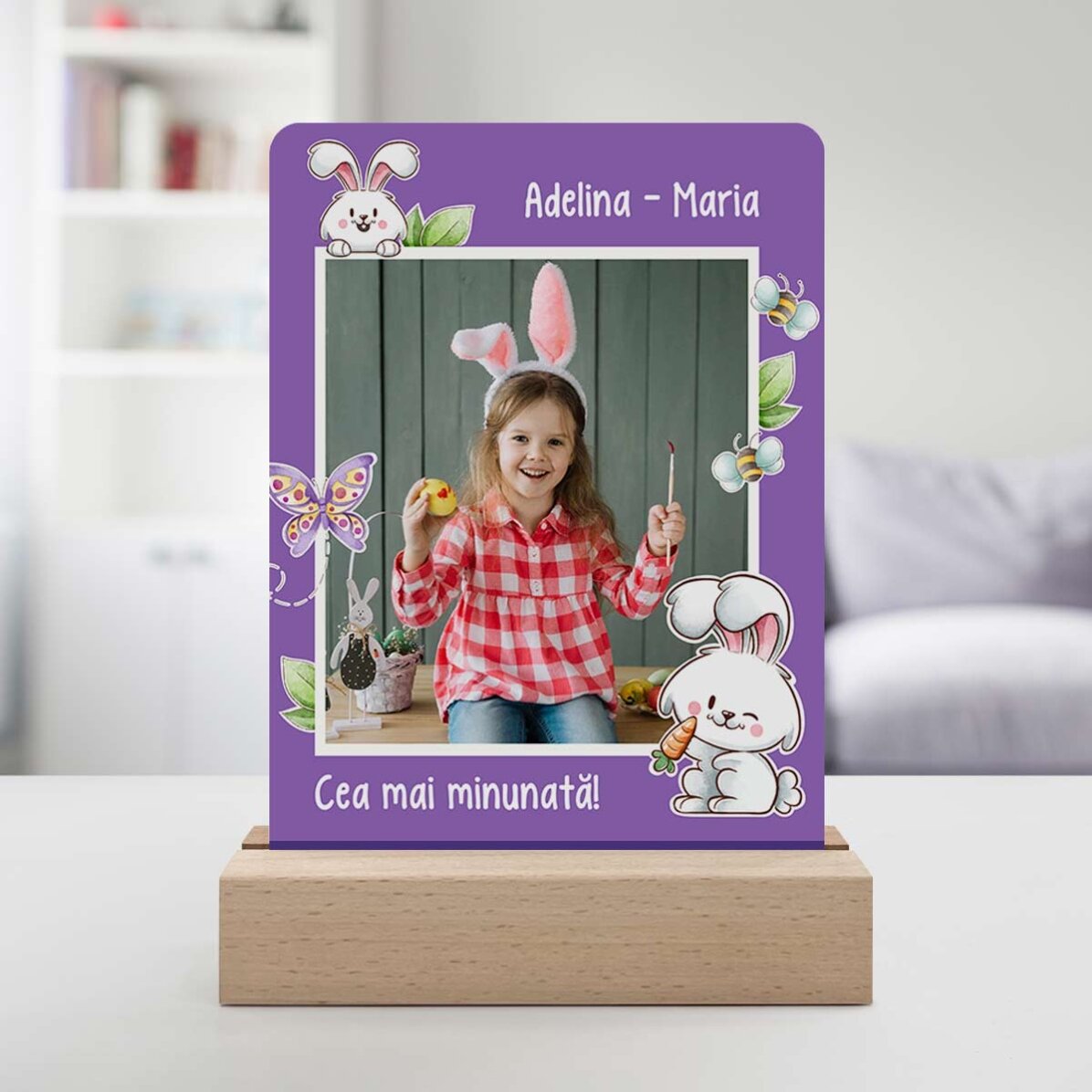 Lampada da comodino a LED personalizzata con foto e testo - Coniglietto