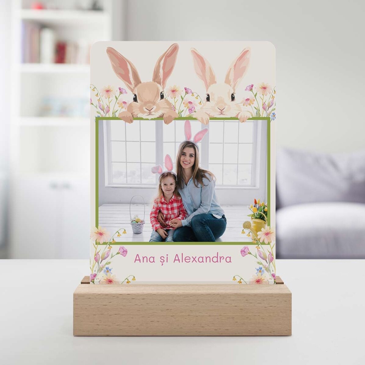 Lampada da comodino a LED personalizzata con foto e testo - Coniglietti