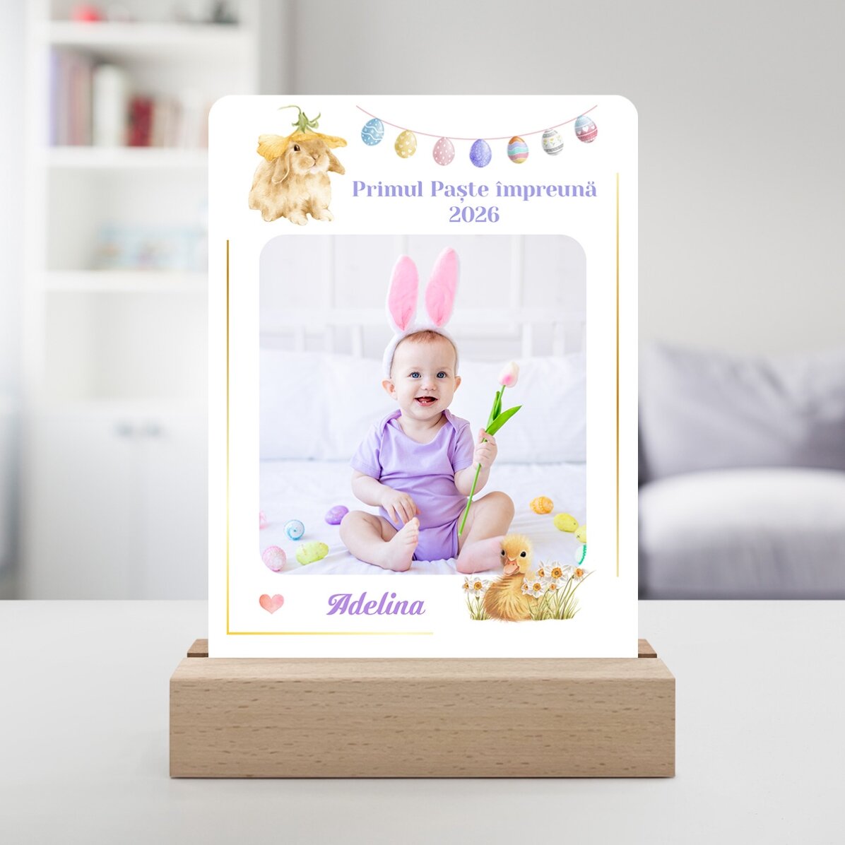 Lampada da comodino a LED personalizzata con foto e testo - La prima Pasqua