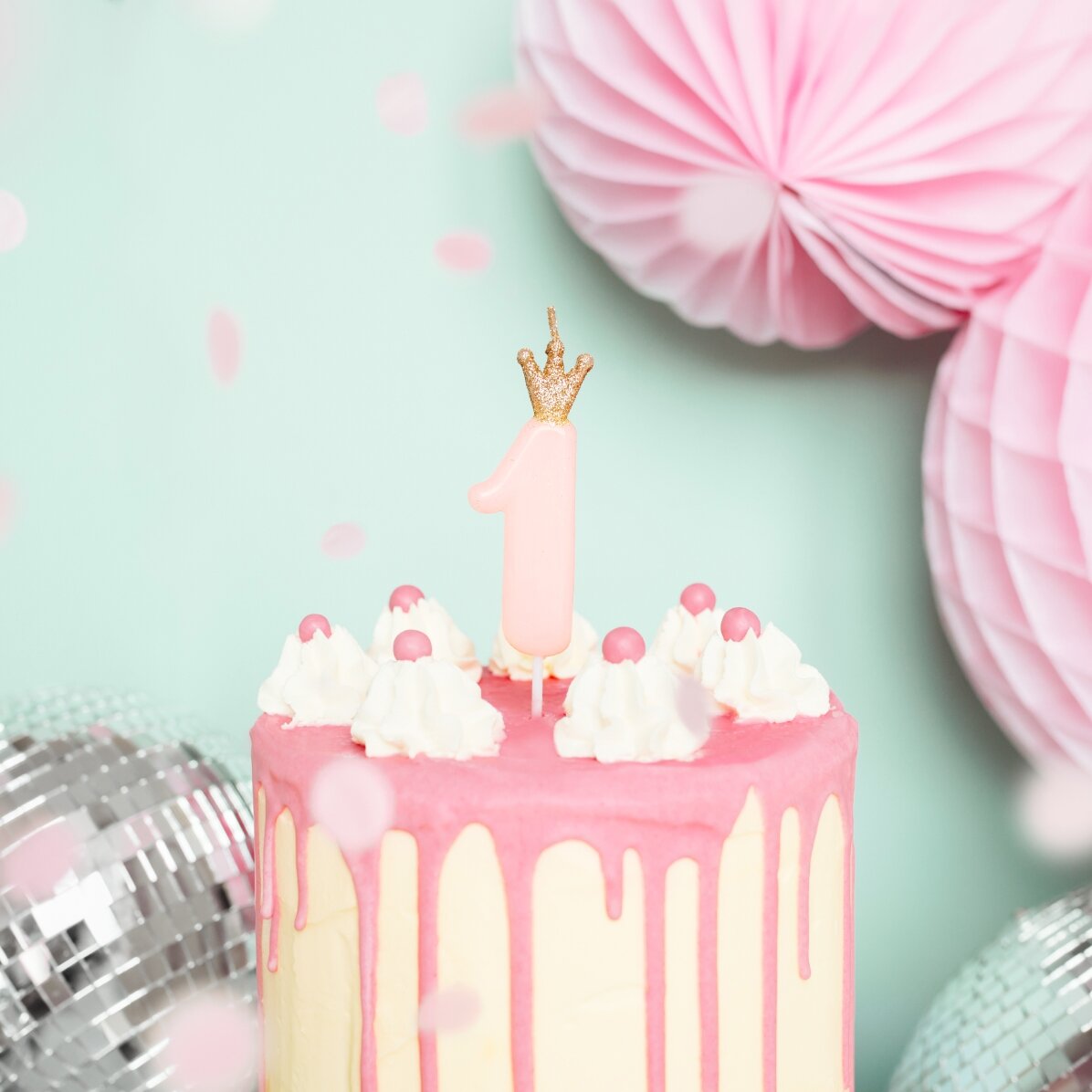 Candeline per torte - Numero rosa con coroncina, 9,5 cm