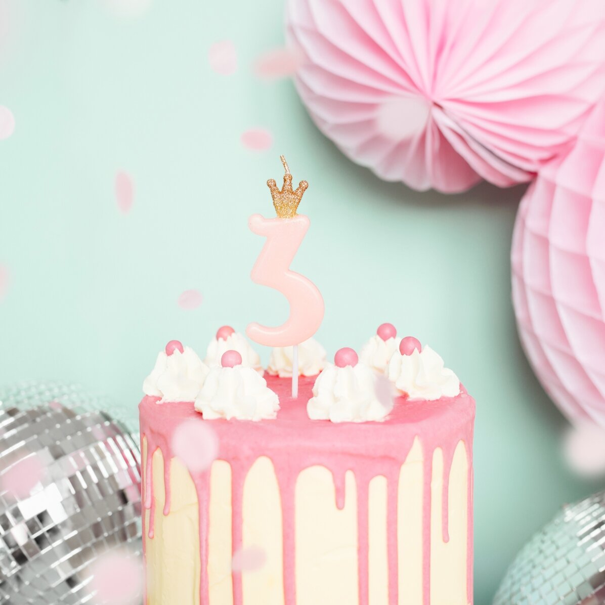 Candeline per torte - Numero rosa con coroncina, 9,5 cm