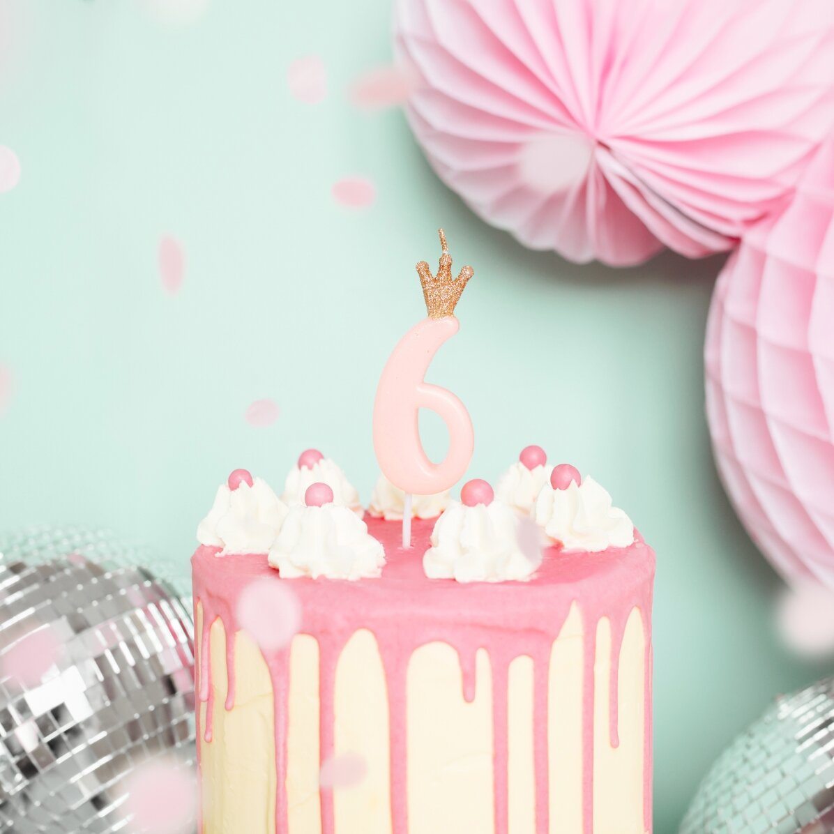 Candeline per torte - Numero rosa con coroncina, 9,5 cm