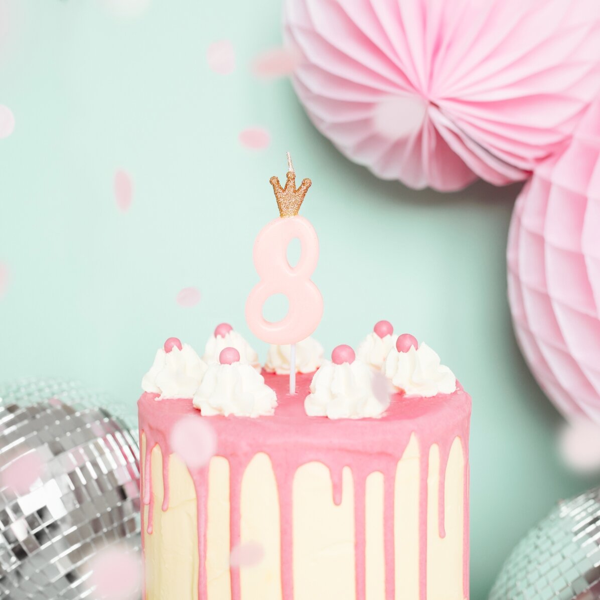 Candeline per torte - Numero rosa con coroncina, 9,5 cm