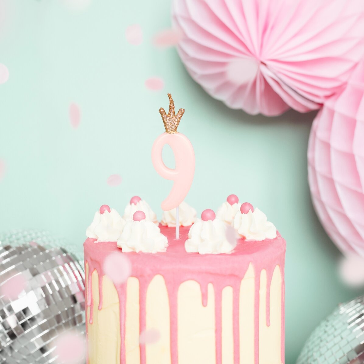 Candeline per torte - Numero rosa con coroncina, 9,5 cm