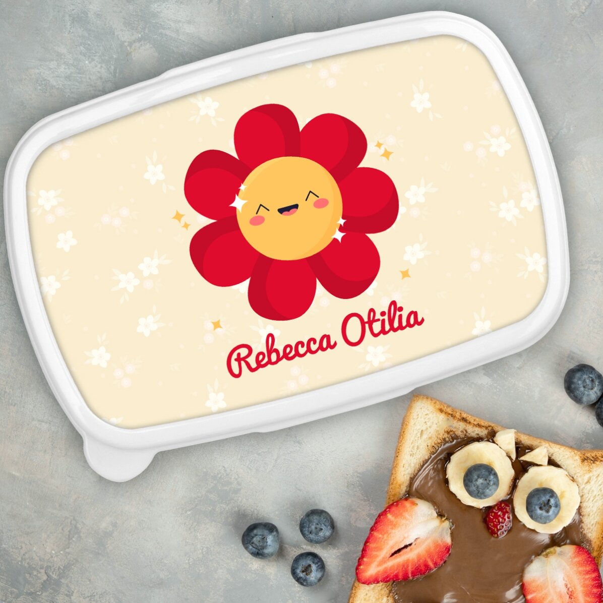 Contenitore per il pranzo, contenitore personalizzato con nome - Modello con fiore colorato