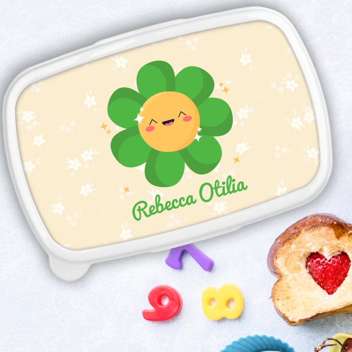 Contenitore per il pranzo, contenitore personalizzato con nome - Modello con fiore colorato