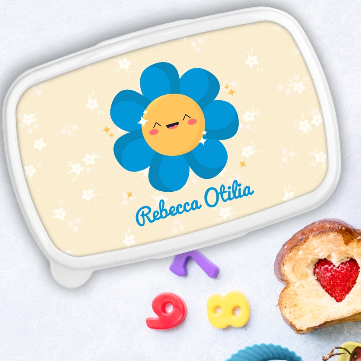 Contenitore per il pranzo, contenitore personalizzato con nome - Modello con fiore colorato