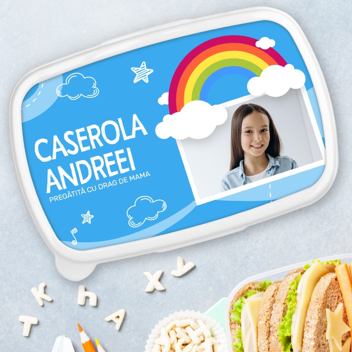 Contenitore per il pranzo, contenitore personalizzato con foto e nome - Modello arcobaleno