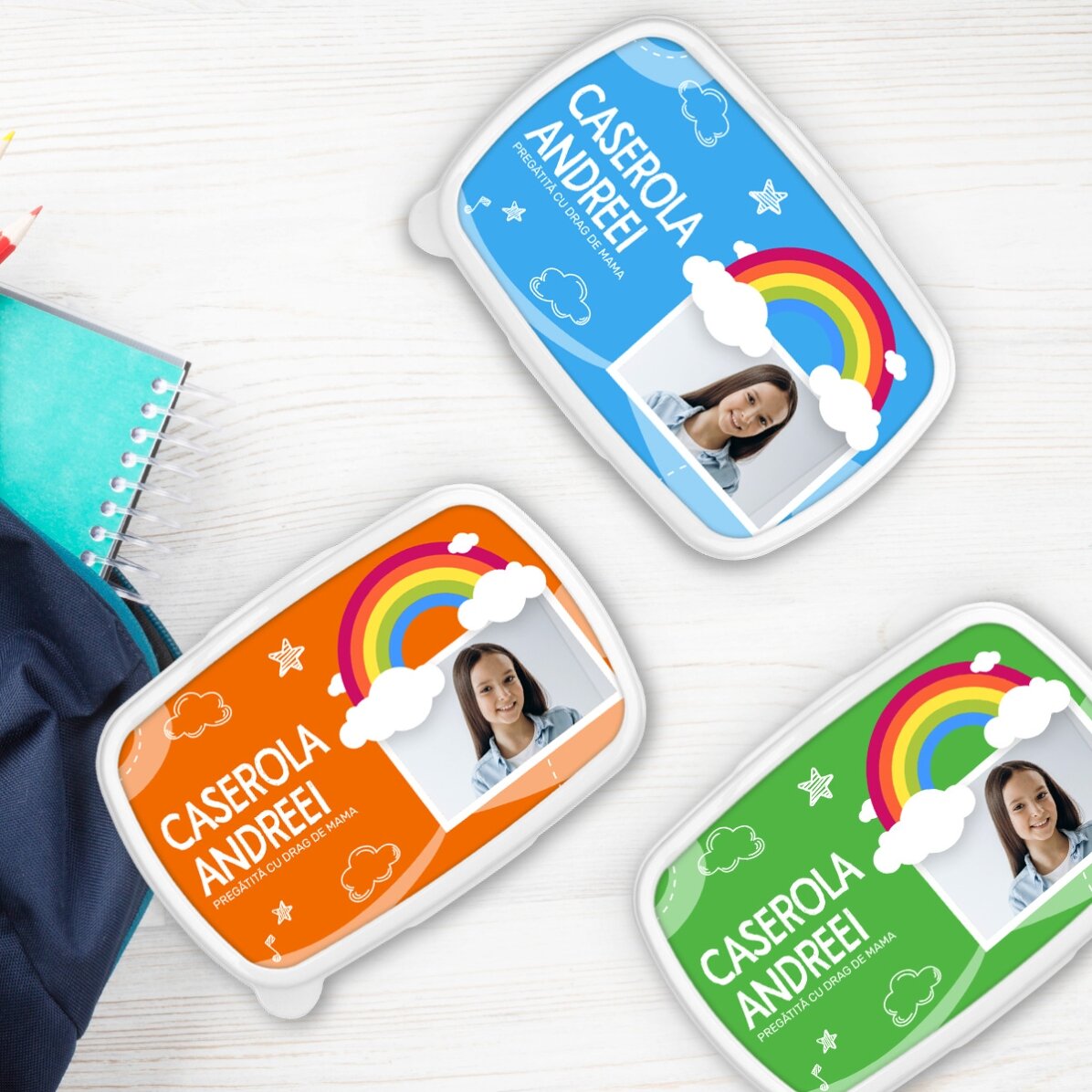 Contenitore per il pranzo, contenitore personalizzato con foto e nome - Modello arcobaleno