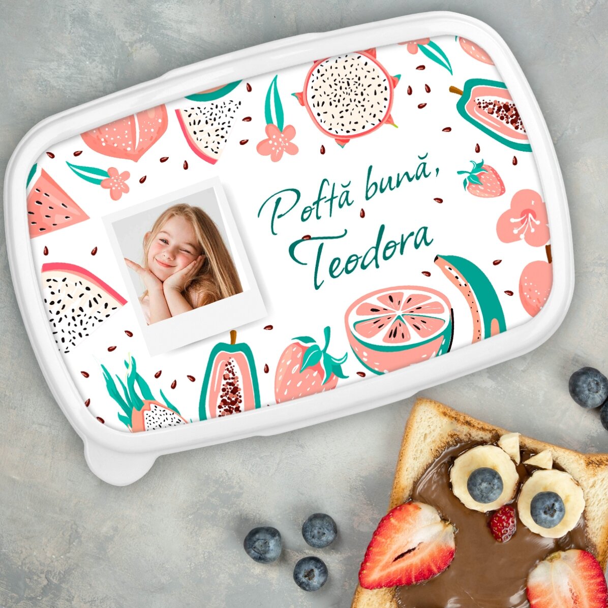 Contenitore per il pranzo, contenitore personalizzato con foto e messaggio - Frutta