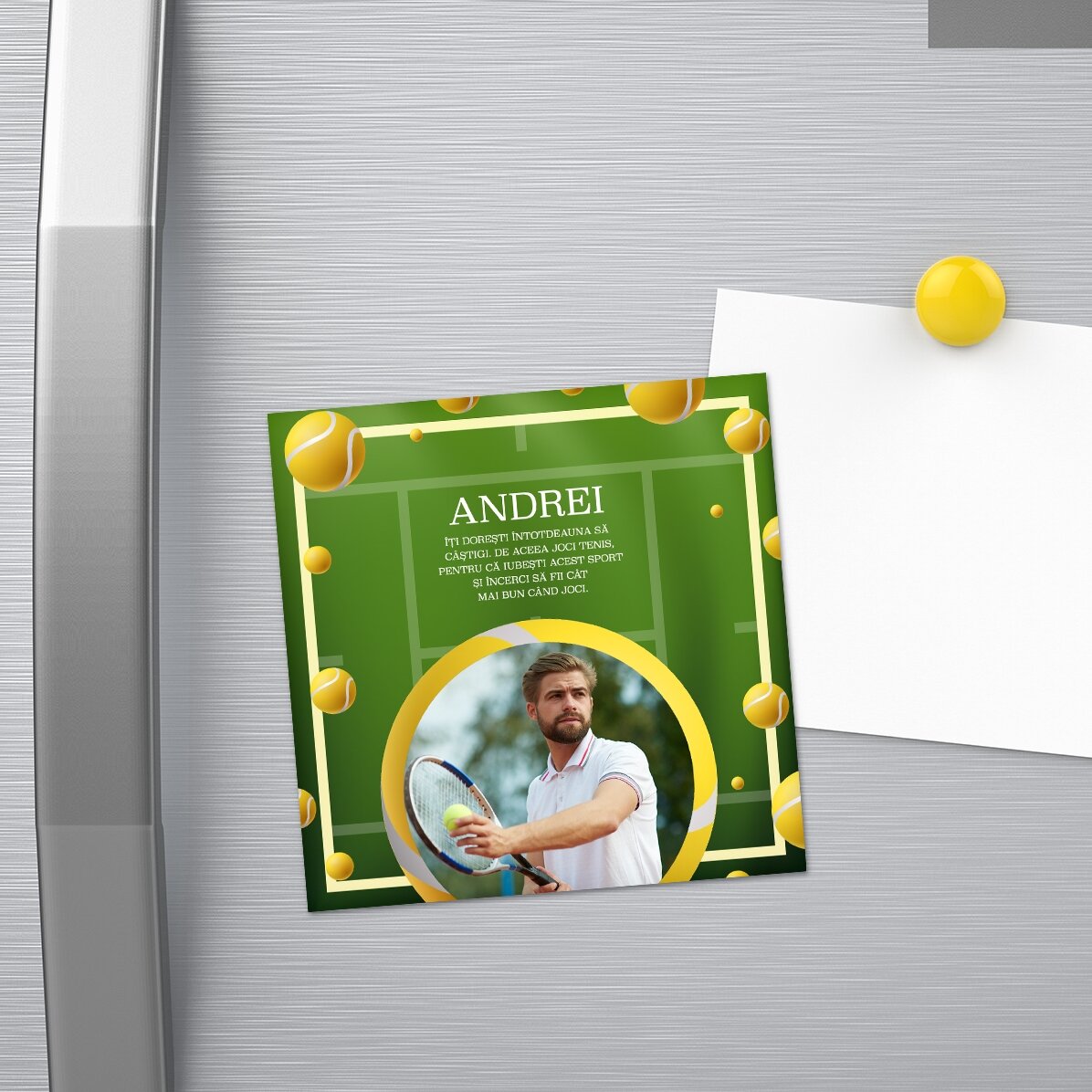 Personalised 10x10 magnet with photo and text - Tennis