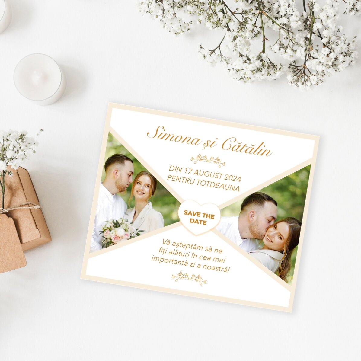 Magnete personalizzato 12x10 cm con 2 foto e testo - Save the date