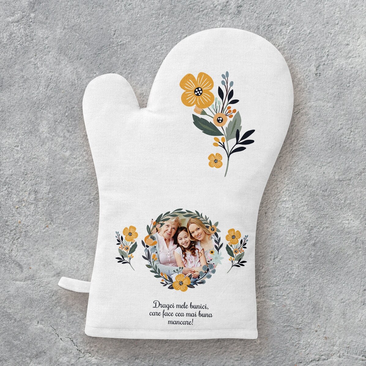 Guanto da cucina personalizzato con foto e testo - Modello a fiori