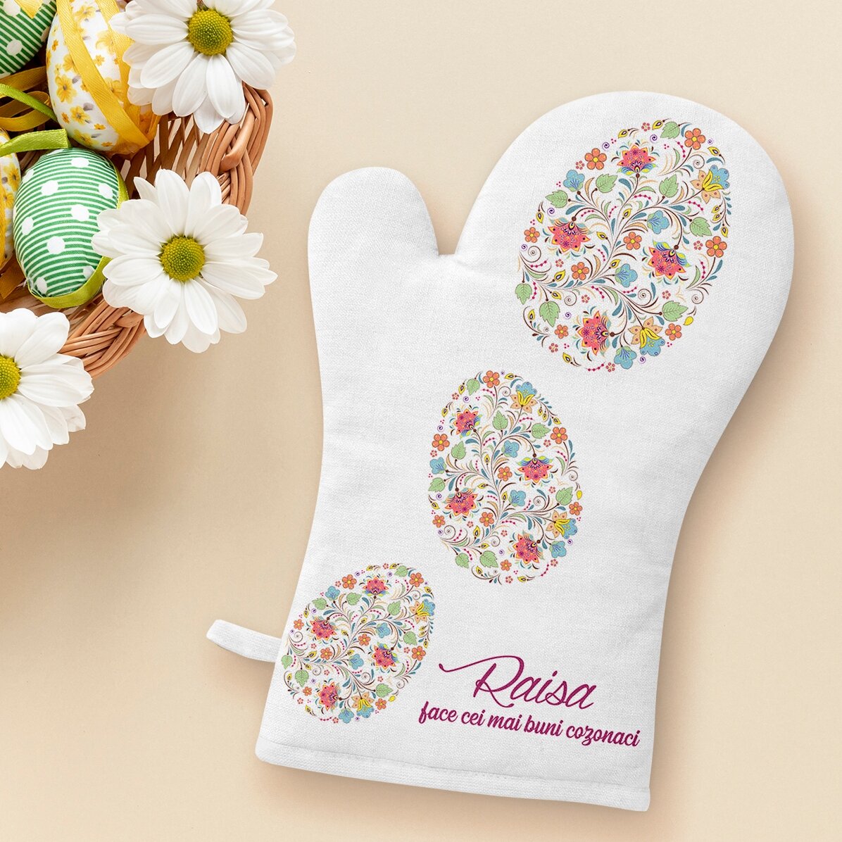 Guanto da cucina personalizzato con la scritta "Happy Easter"