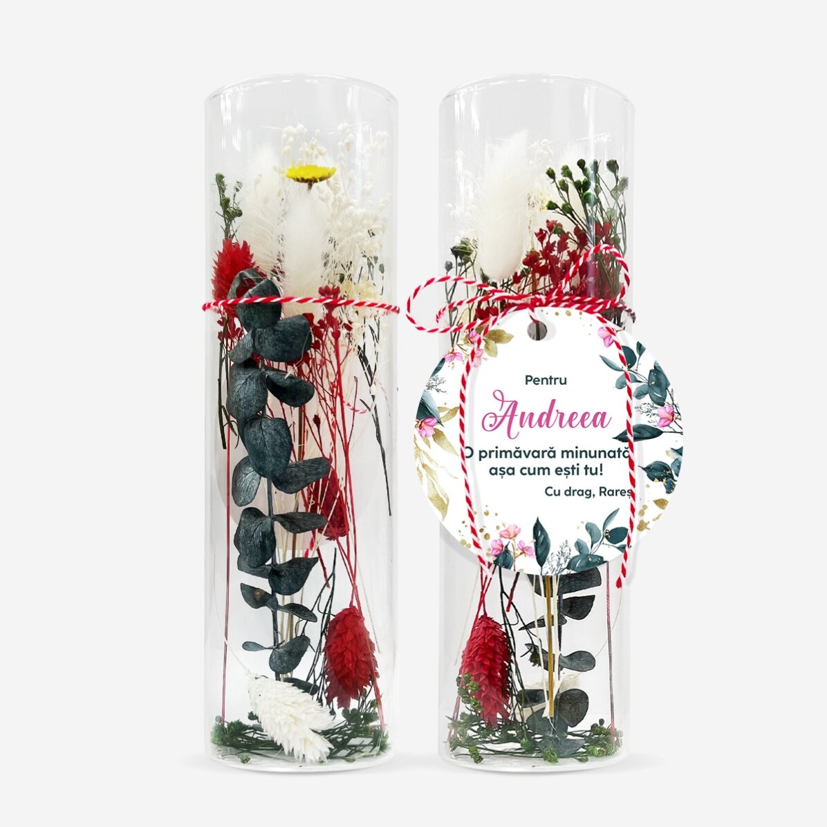 Glass martisor ornament with preserved flowers, personalised with a message - My dearest