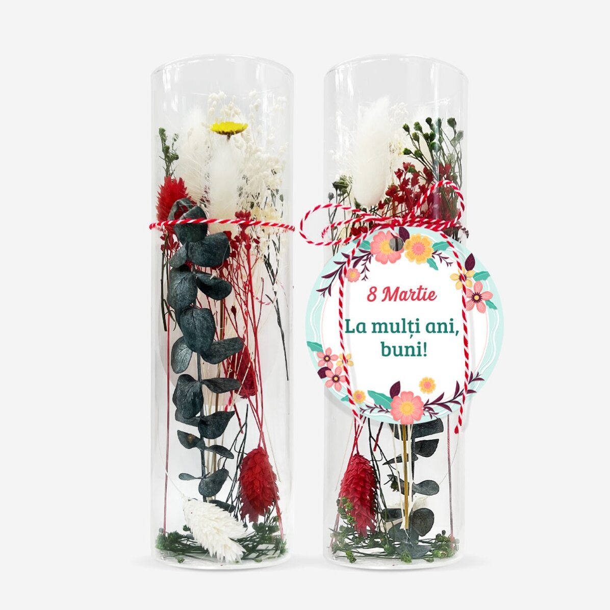 Ciondolo Martisor in vetro con fiori stabilizzati, personalizzato con un messaggio
