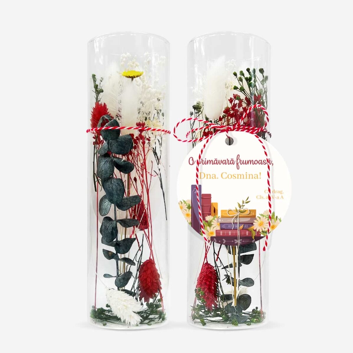 Ciondolo Martisor in vetro con fiori stabilizzati, personalizzato con una dedica per la maestra