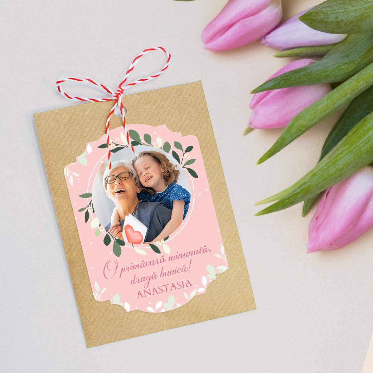 Personalised plantable Martisor with a photo and message for grandma