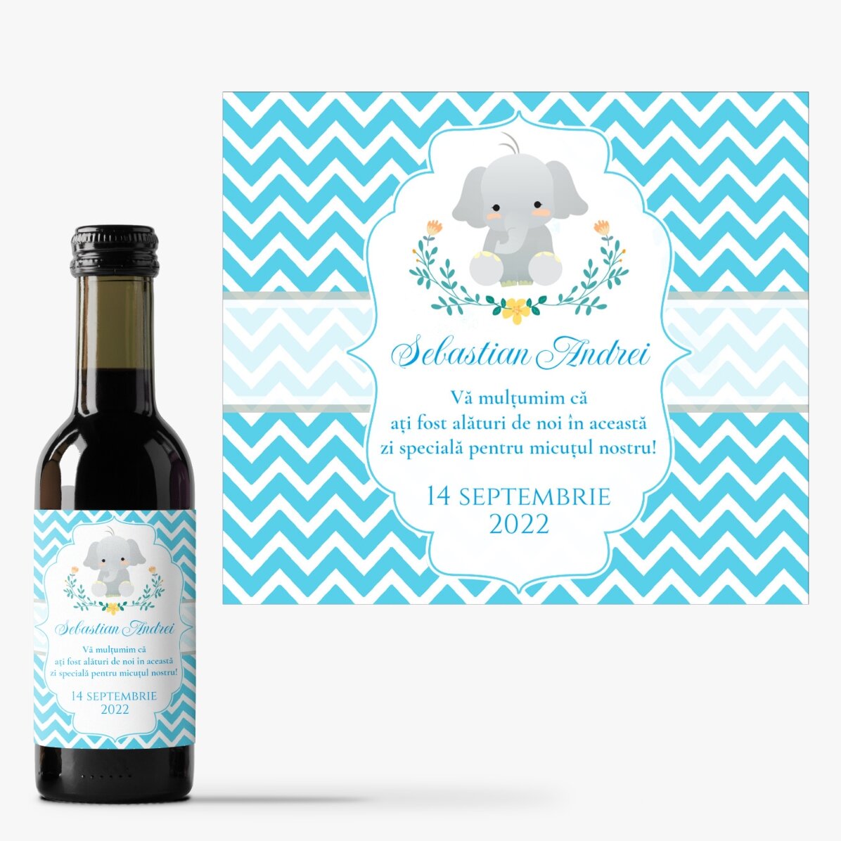 Mini bottiglietta di vino personalizzata con dedica per il battesimo - Elefante