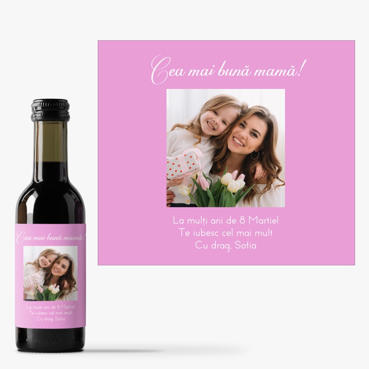 Mini bottiglia di vino personalizzata con una foto e un messaggio per i propri cari