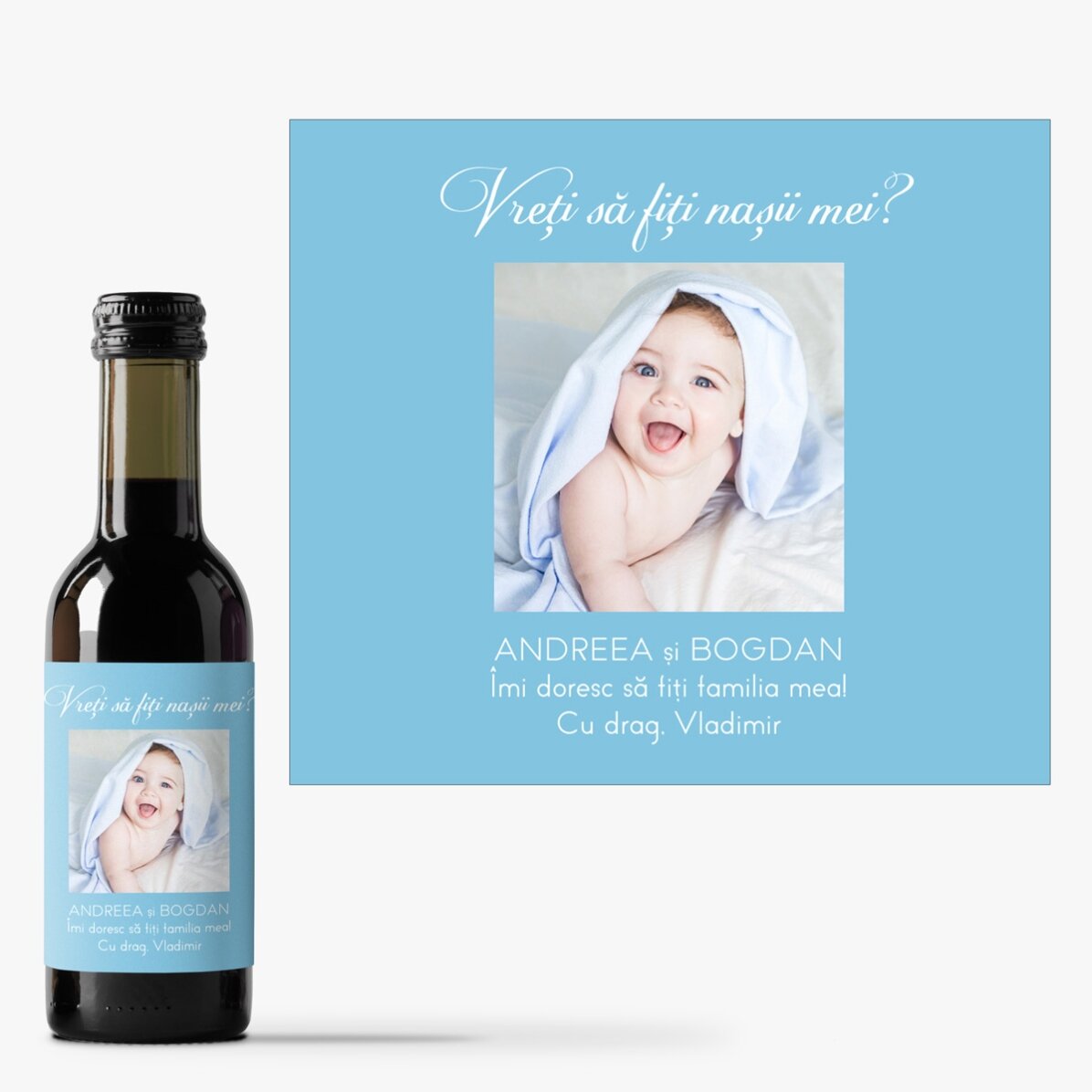 Mini bottiglia di vino personalizzata con una foto e un messaggio per i propri cari