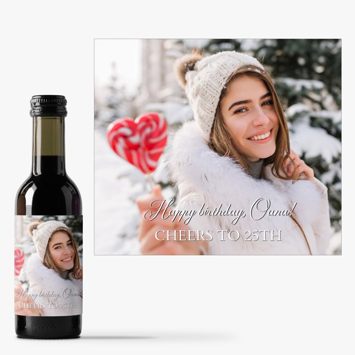 Mini wine bottle personalised with a photo and text