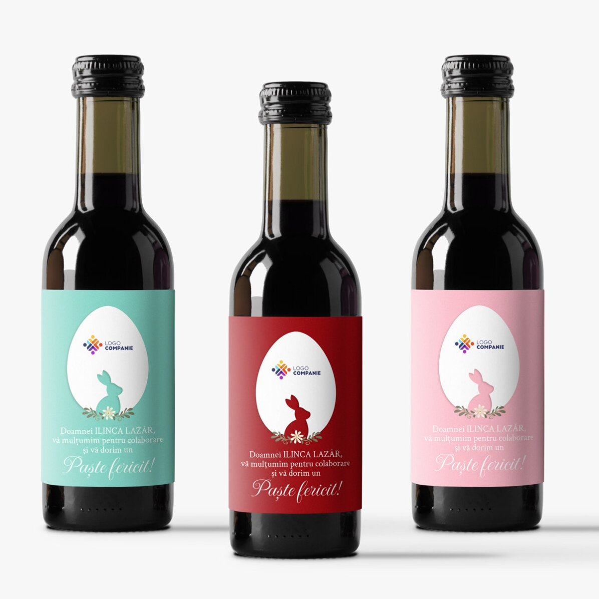 Mini bottiglia di vino personalizzata con testo e logo - Buona Pasqua