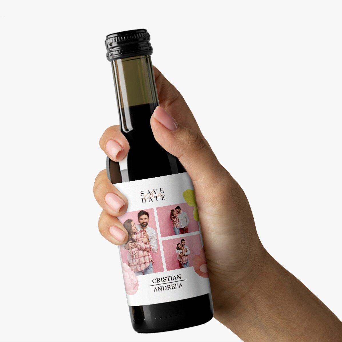 Mini bottiglietta di vino personalizzata con 3 foto e un testo - Save the date
