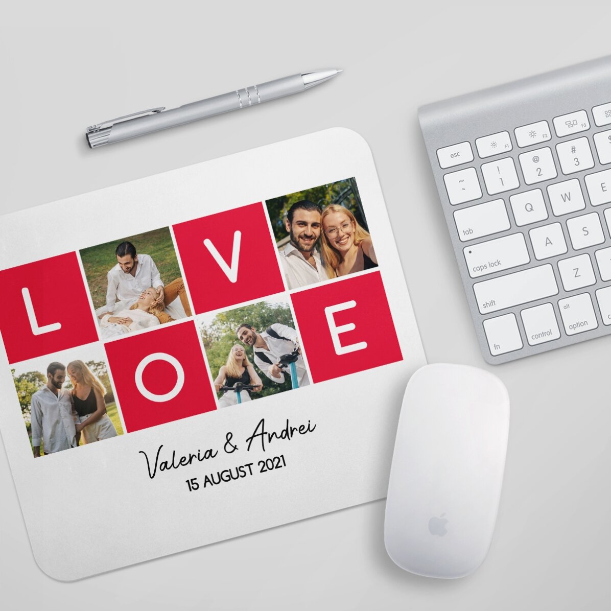 Tappetino per mouse personalizzato con 4 foto e testo - LOVE
