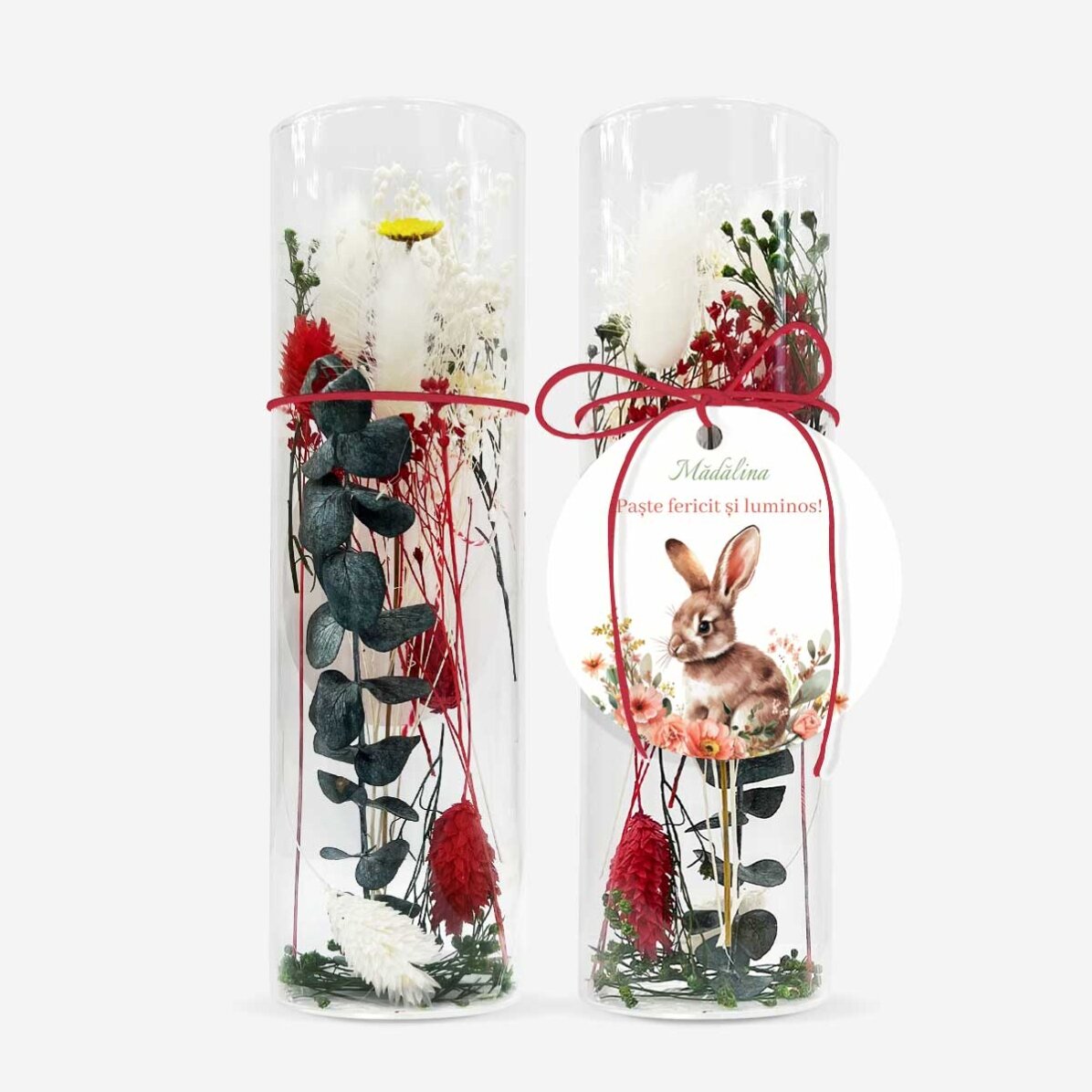 Decorazione in vetro con fiori stabilizzati, personalizzata con un messaggio - Buona Pasqua!