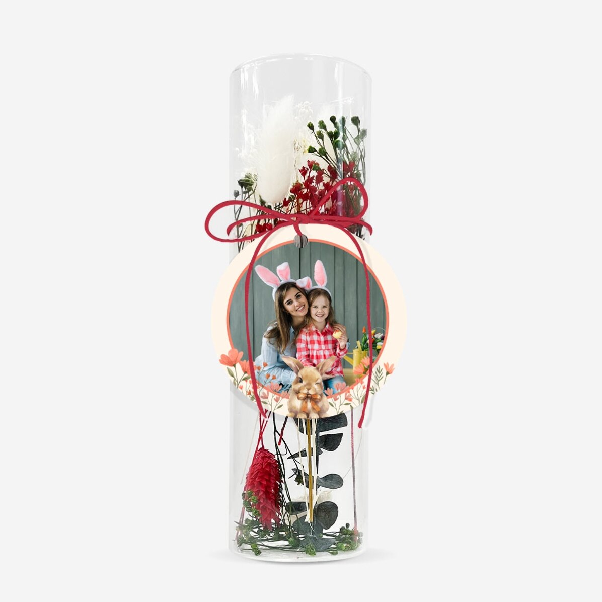 Decorazione in vetro con fiori stabilizzati personalizzata con foto - Bunny