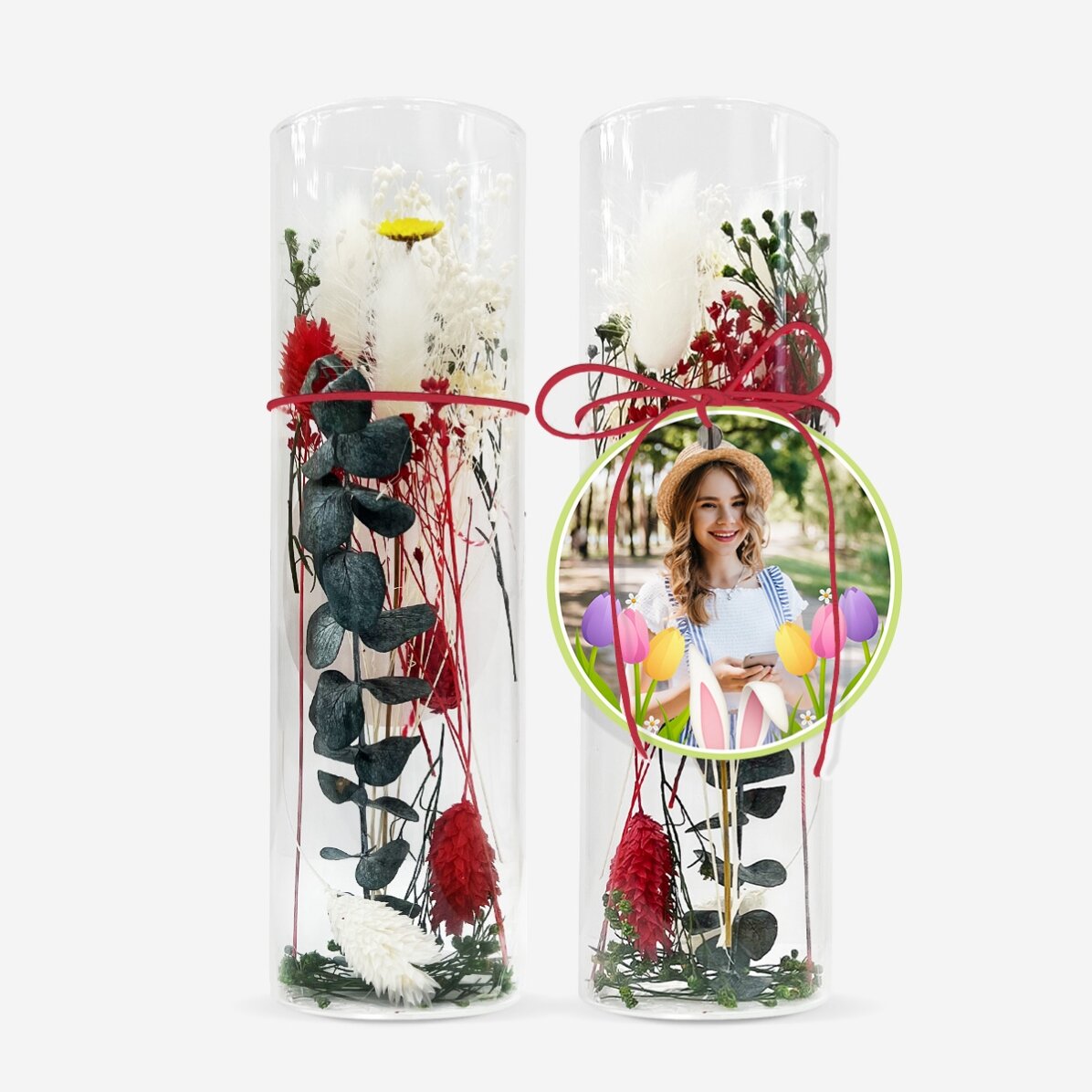 Decorazione in vetro con fiori stabilizzati, personalizzata con una foto - Pasqua