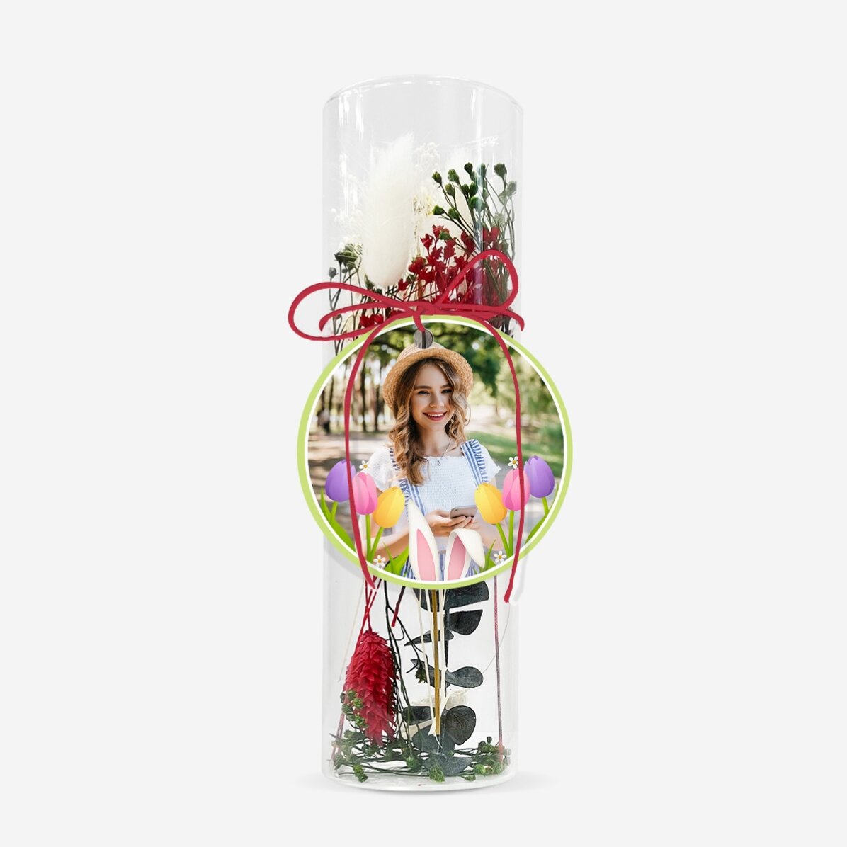 Decorazione in vetro con fiori stabilizzati, personalizzata con una foto - Pasqua
