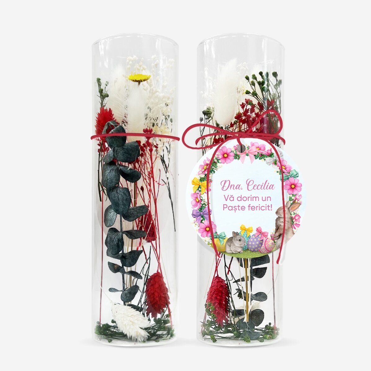 Decorazione in vetro con fiori stabilizzati, personalizzata con una scritta per Pasqua