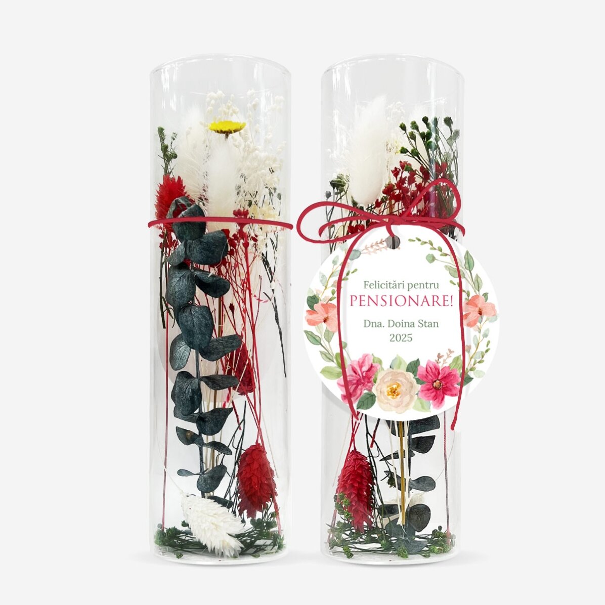 Decorazione in vetro con fiori stabilizzati, personalizzata con una scritta - Pensionamento