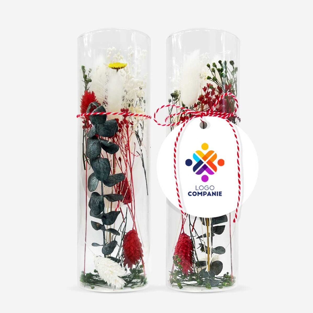 Ciondolo Martisor in vetro con fiori stabilizzati, personalizzato con logo
