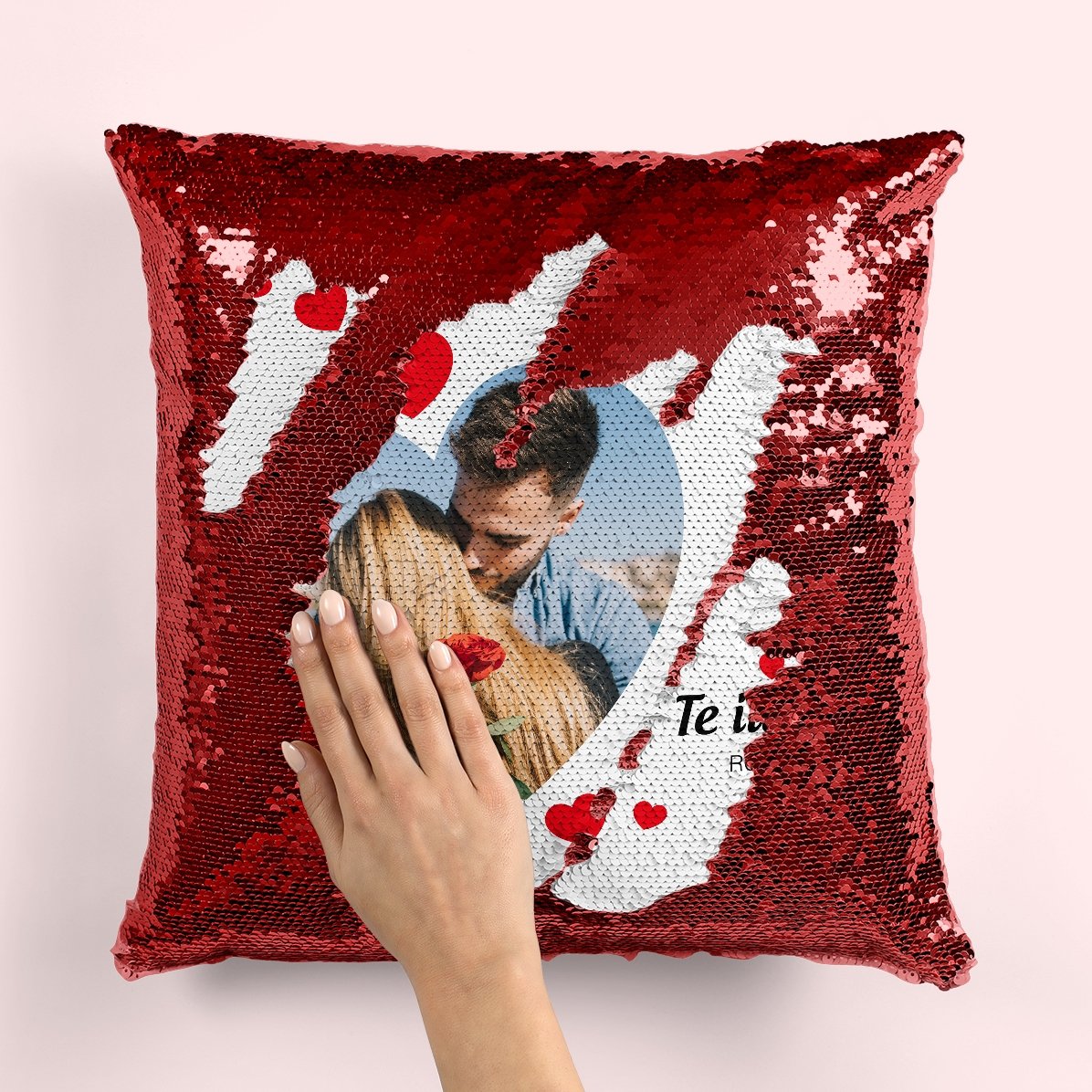 Cuscino con paillettes personalizzato con una foto e un messaggio d