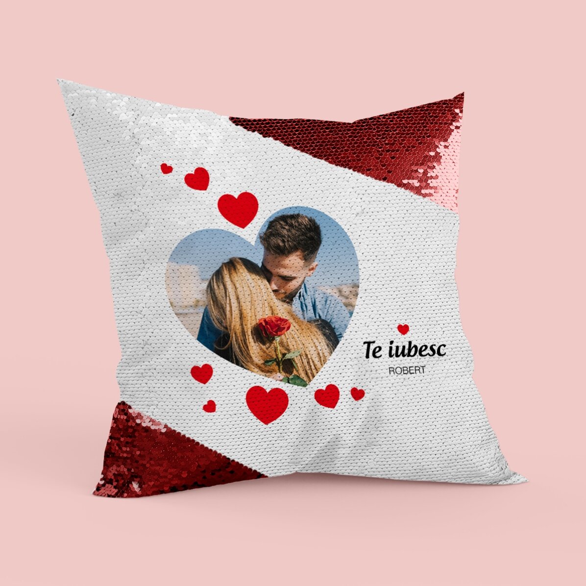 Cuscino con paillettes personalizzato con una foto e un messaggio d
