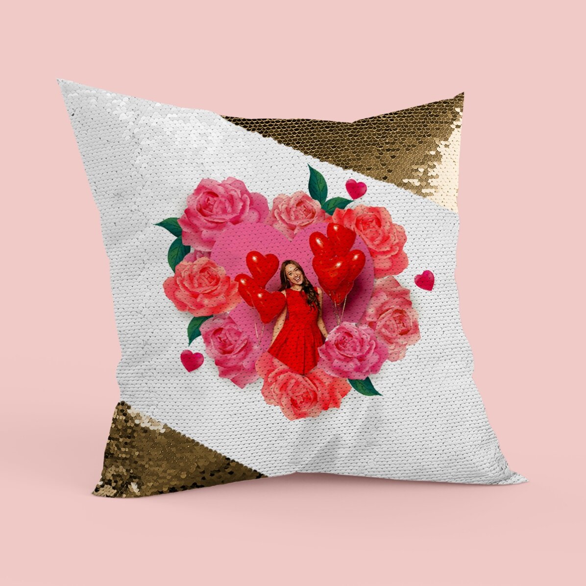 Cuscino con paillettes personalizzato con una foto e delle rose