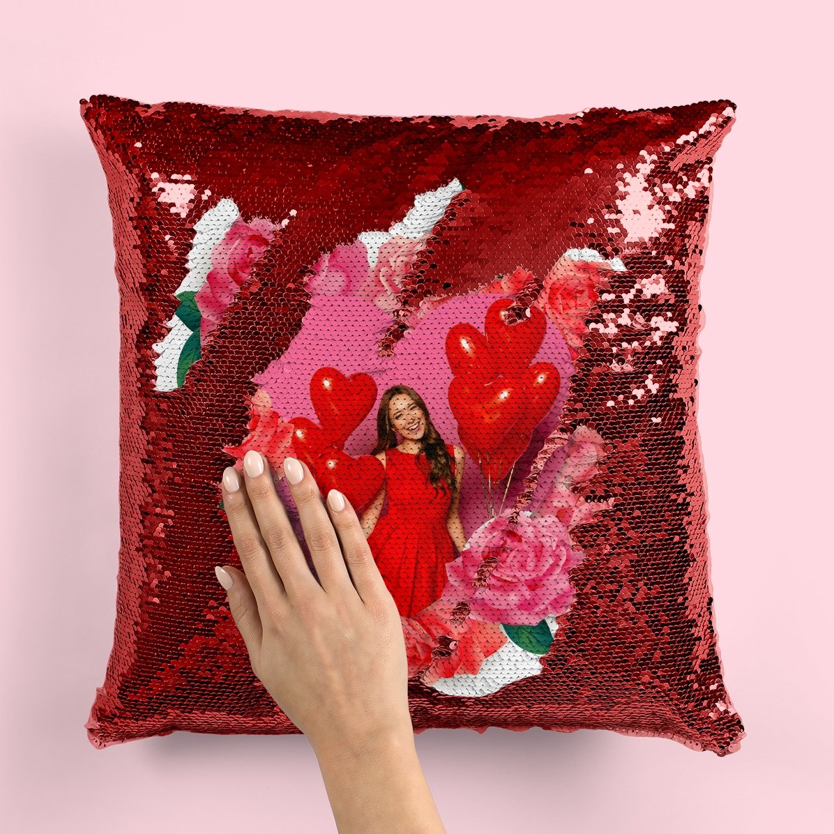 Cuscino con paillettes personalizzato con una foto e delle rose