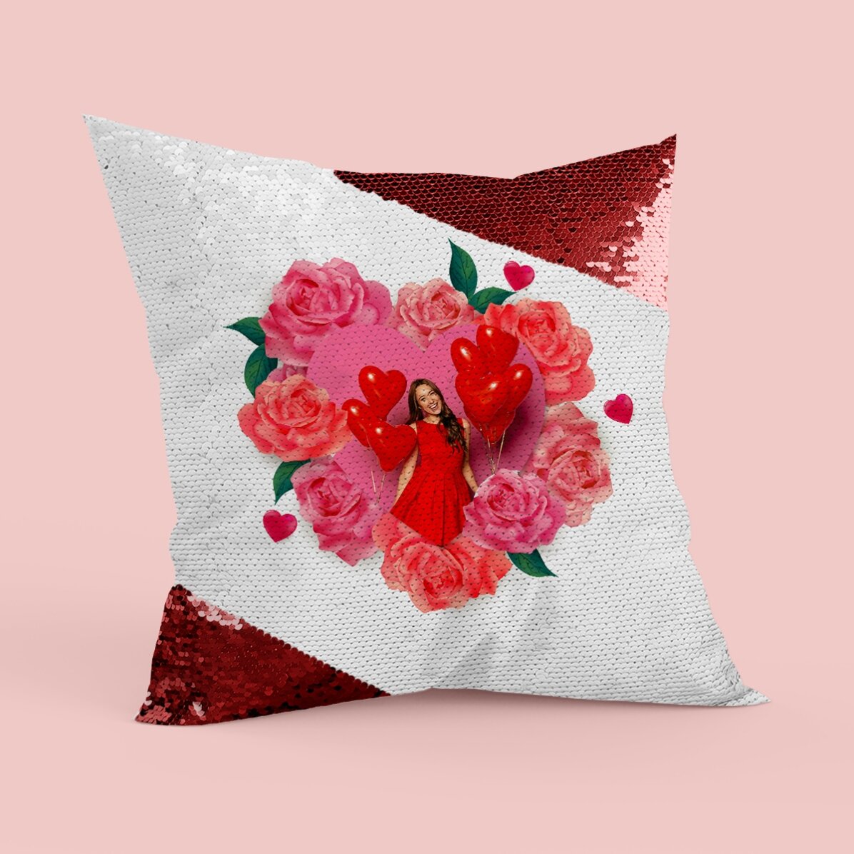 Cuscino con paillettes personalizzato con una foto e delle rose