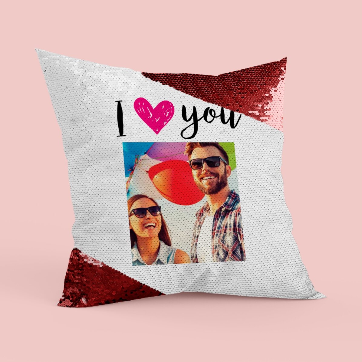 Cuscino con paillettes personalizzato con foto - I love you