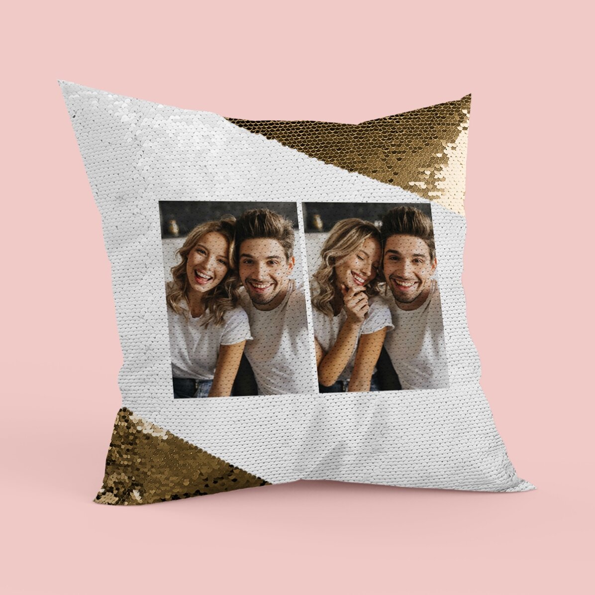 Cuscino personalizzato con 2 foto in formato verticale - Paillettes dorate