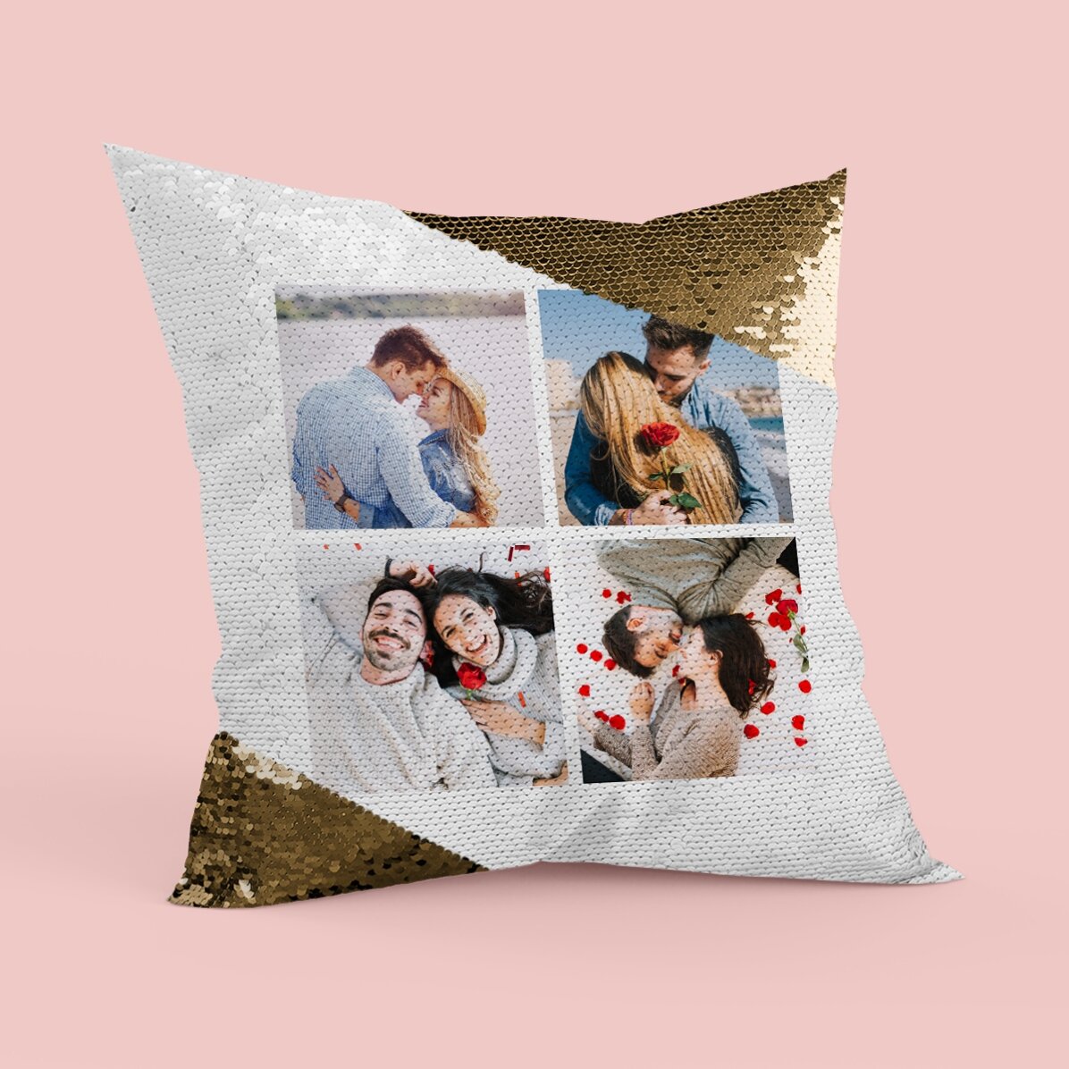 Cuscino personalizzato con 4 foto - Paillettes dorate