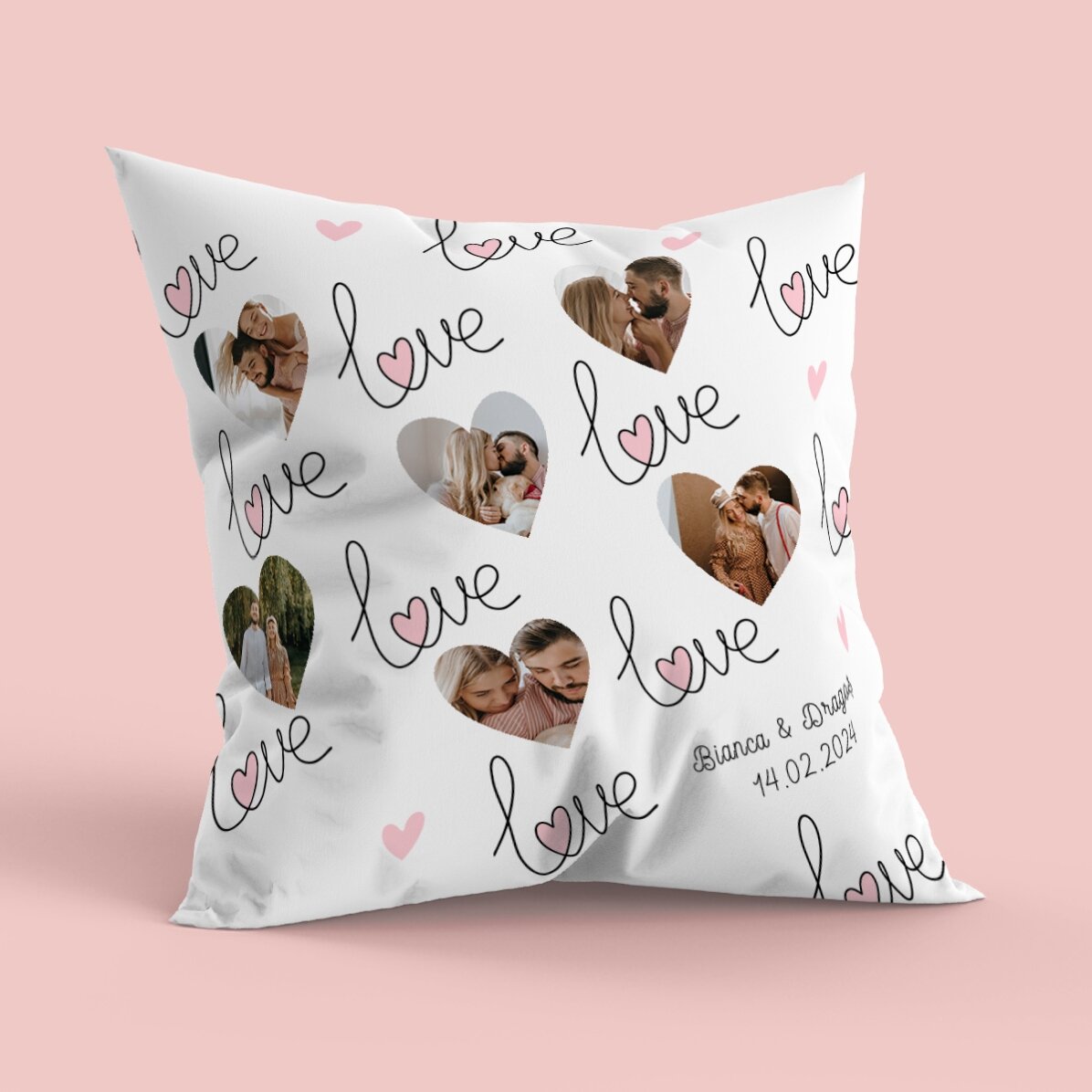 Cuscino personalizzato con 6 foto a forma di cuore e un messaggio - Love