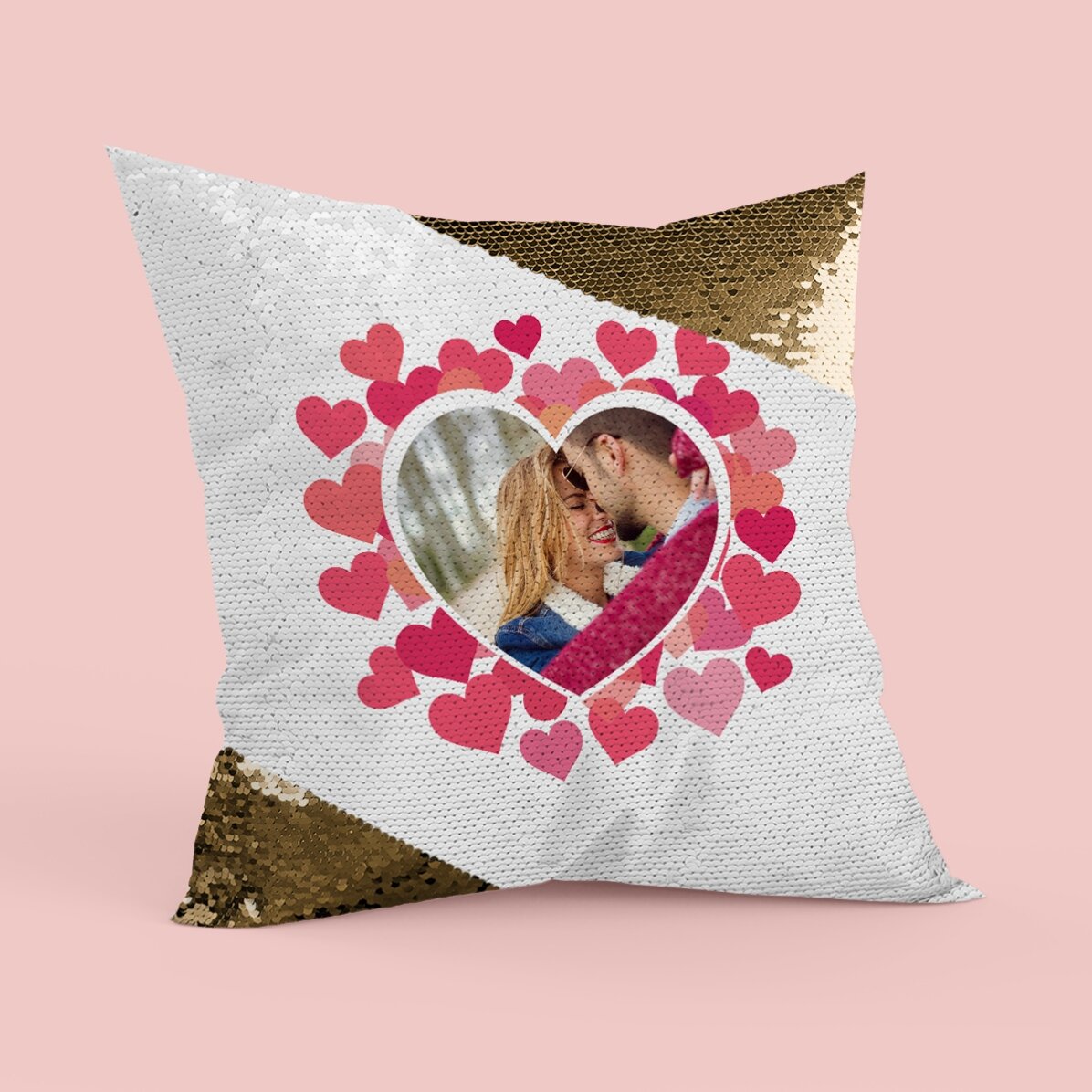 Cuscino personalizzato con una foto a forma di cuore rosa - Paillettes dorate
