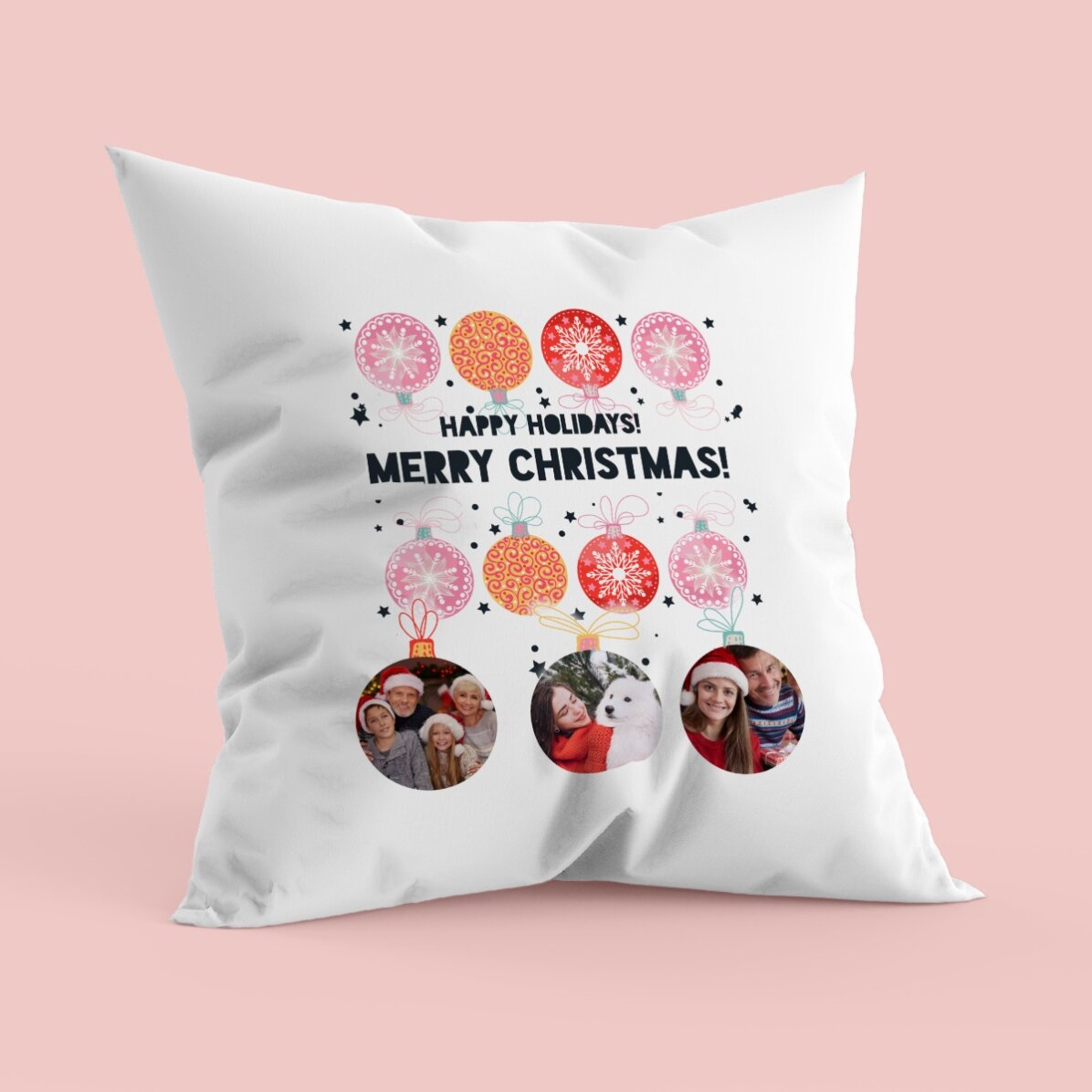 Cuscino personalizzato con tre foto e testo - Palline di Natale
